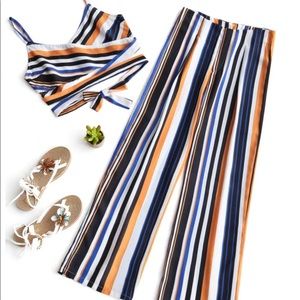 Striped Cross Over Top and Wide Leg Pant Set